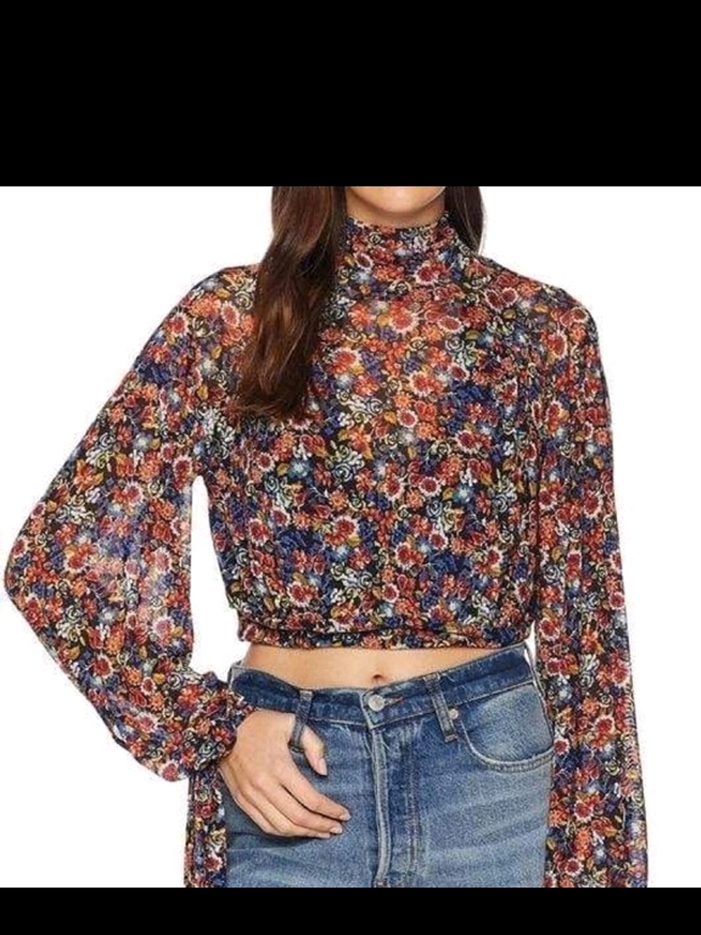 Free People Sheer Cropped Floral Long-Sleeve Top in Multicolor Floral Large